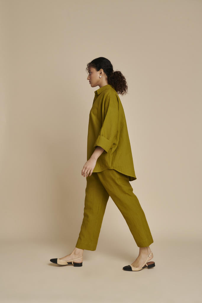 Mehendi Linen Oversized Flared Shirt linen by Saphed in green color for women Worldwide