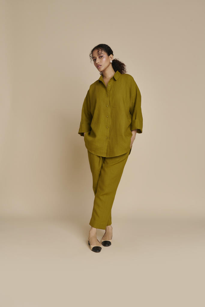 Mehendi Linen Oversized Flared Shirt linen by Saphed in green color for women Worldwide