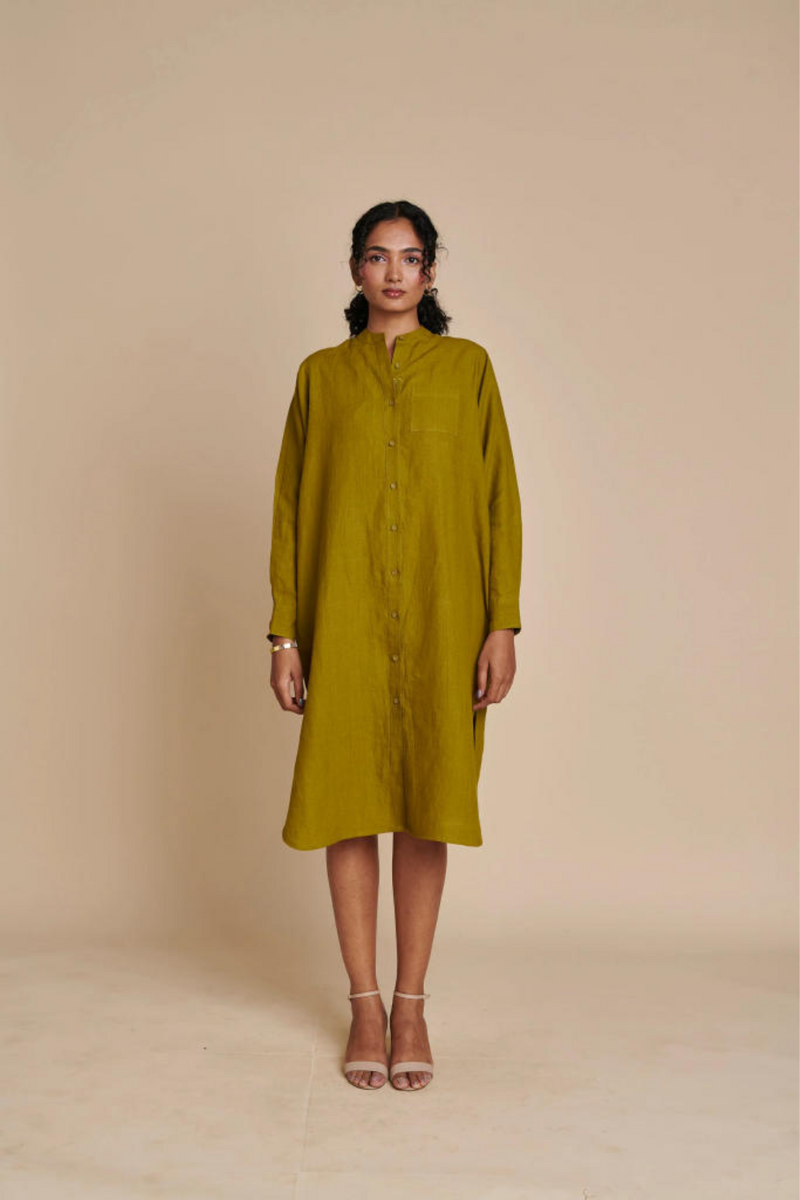 Mehendi Linen Shirt Dress linen by Saphed in green color for women Worldwide