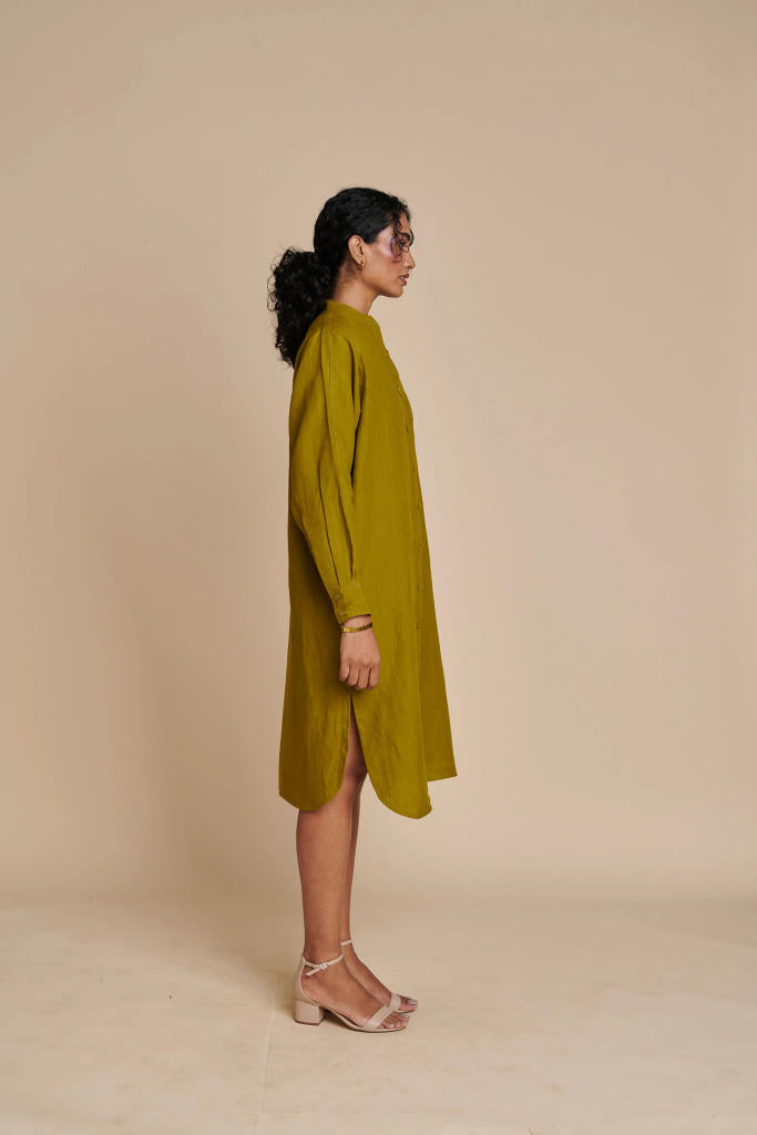 Mehendi Linen Shirt Dress linen by Saphed in green color for women Worldwide