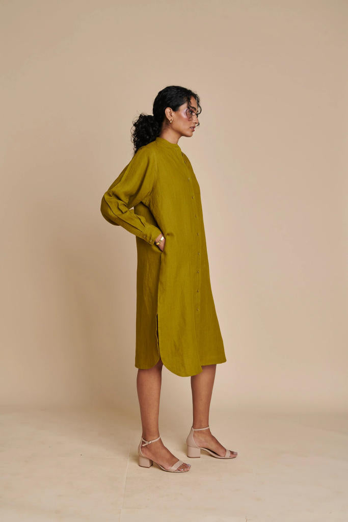 Mehendi Linen Shirt Dress linen by Saphed in green color for women Worldwide