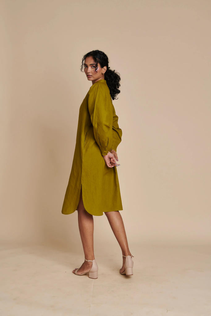Mehendi Linen Shirt Dress linen by Saphed in green color for women Worldwide