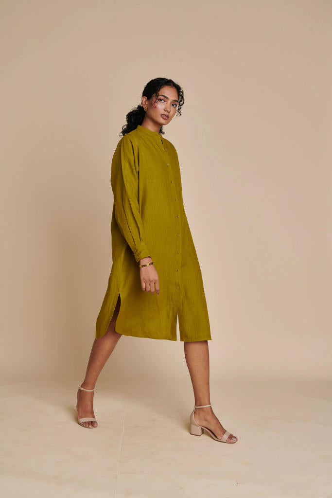 Mehendi Linen Shirt Dress linen by Saphed in green color for women Worldwide