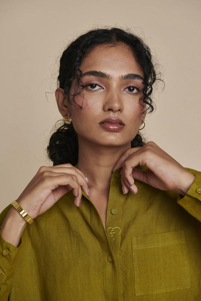 Mehendi Linen Shirt Dress linen by Saphed in green color for women Worldwide