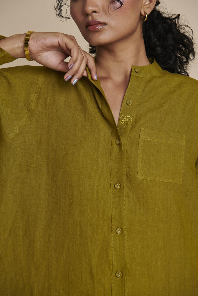 Mehendi Linen Shirt Dress linen by Saphed in green color for women Worldwide