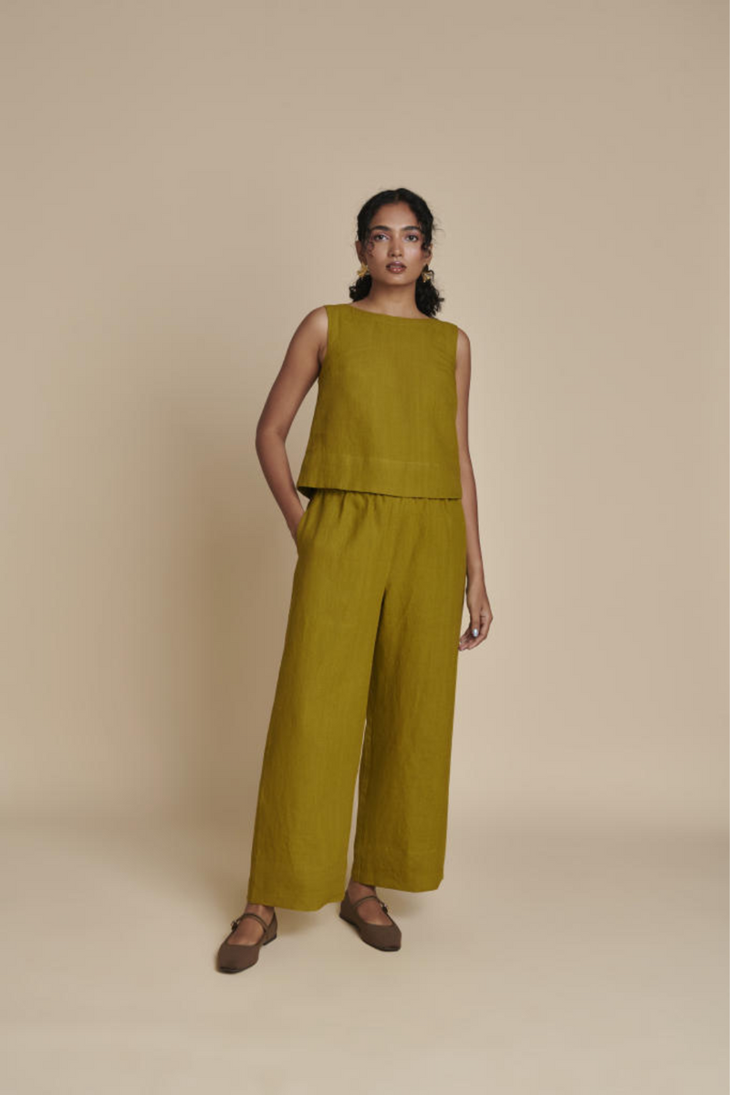 Mehendi Linen Sleeveless Top & Pyjama Set linen by Saphed in green color for women Worldwide