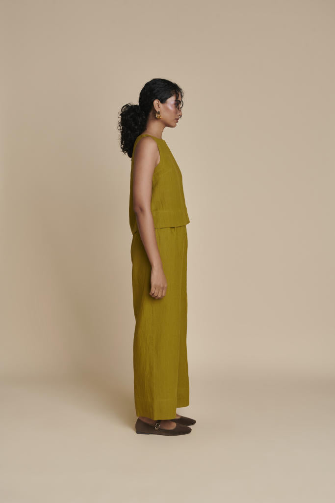 Mehendi Linen Sleeveless Top & Pyjama Set linen by Saphed in green color for women Worldwide