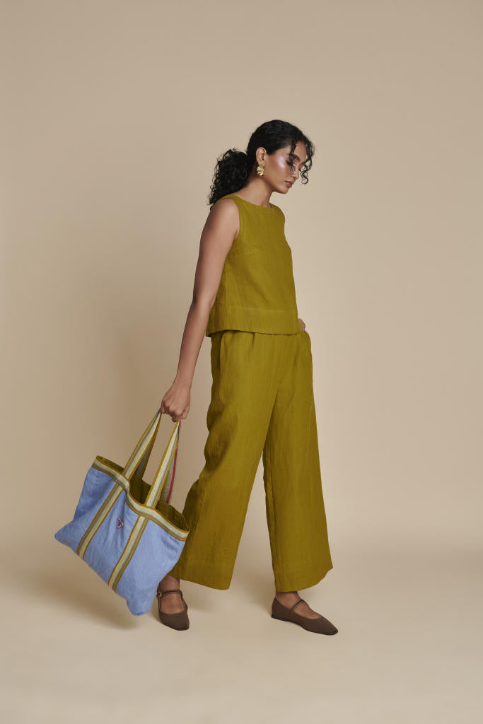 Mehendi Linen Sleeveless Top & Pyjama Set linen by Saphed in green color for women Worldwide