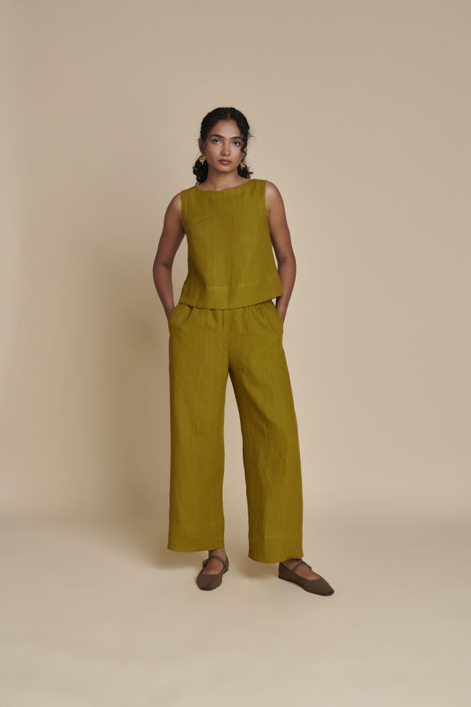 Mehendi Linen Sleeveless Top & Pyjama Set linen by Saphed in green color for women Worldwide