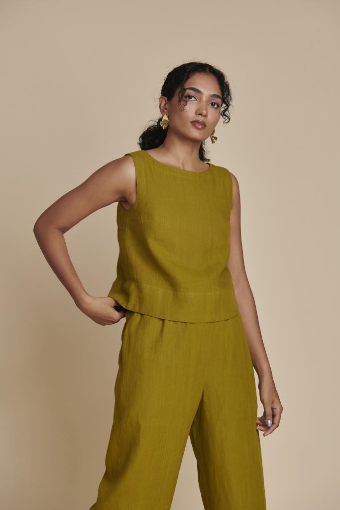 Mehendi Linen Sleeveless Top & Pyjama Set linen by Saphed in green color for women Worldwide