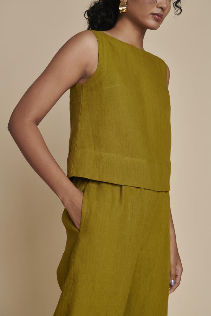 Mehendi Linen Sleeveless Top & Pyjama Set linen by Saphed in green color for women Worldwide
