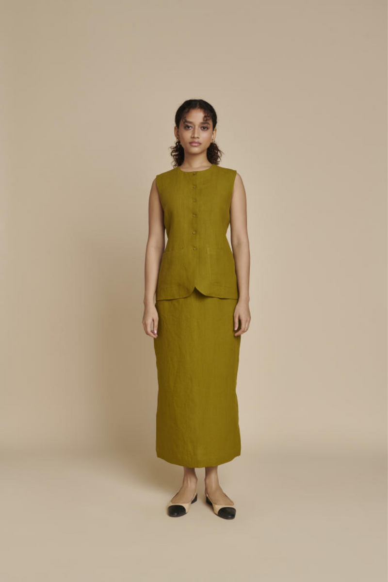 Mehendi Linen Vest & Column Skirt Set linen by Saphed in green color for women Worldwide