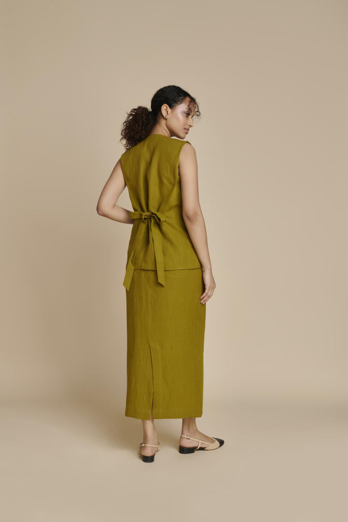 Mehendi Linen Vest & Column Skirt Set linen by Saphed in green color for women Worldwide