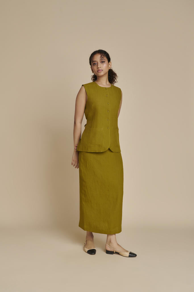 Mehendi Linen Vest & Column Skirt Set linen by Saphed in green color for women Worldwide