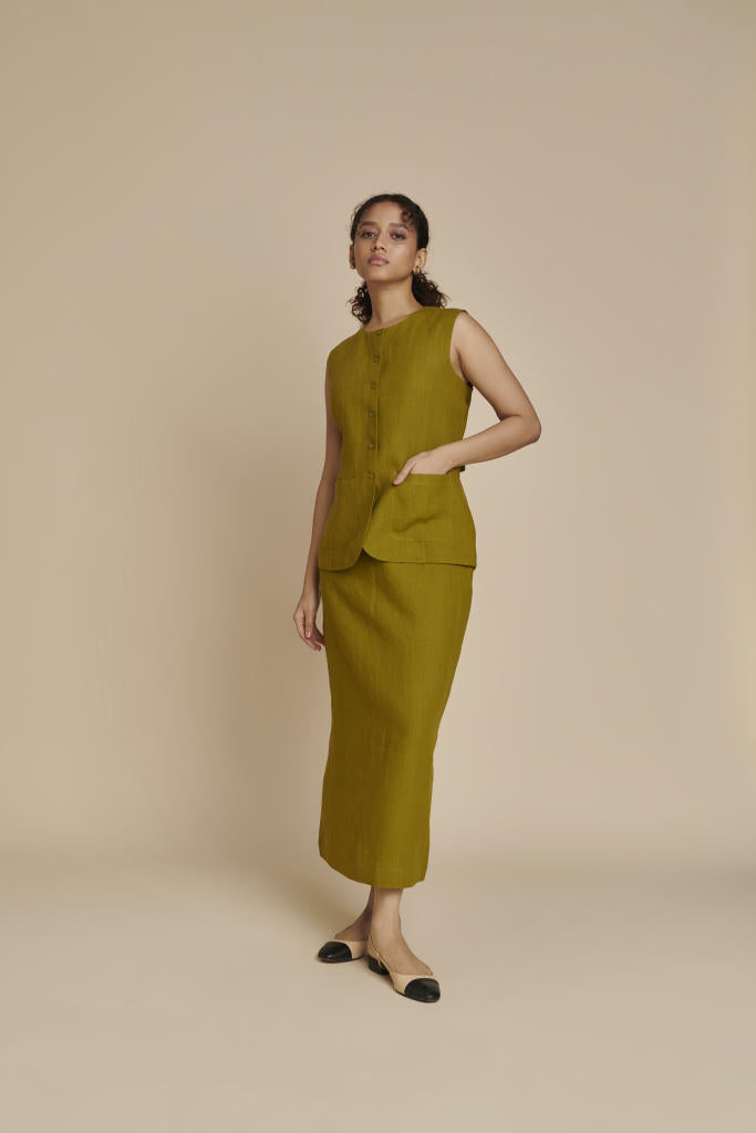 Mehendi Linen Vest & Column Skirt Set linen by Saphed in green color for women Worldwide