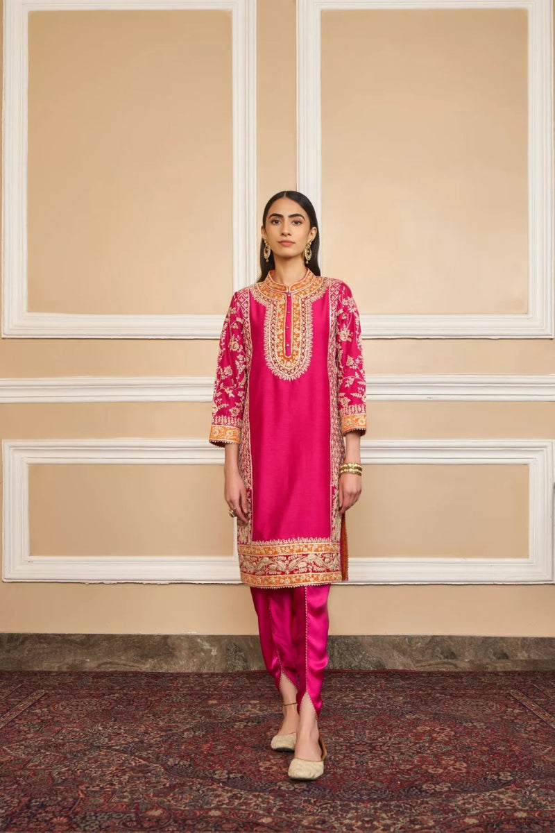 Mehnoor Straight kurta with dhoti-Hotpink silk by SHEETAL BATRA in pink color for women Worldwide