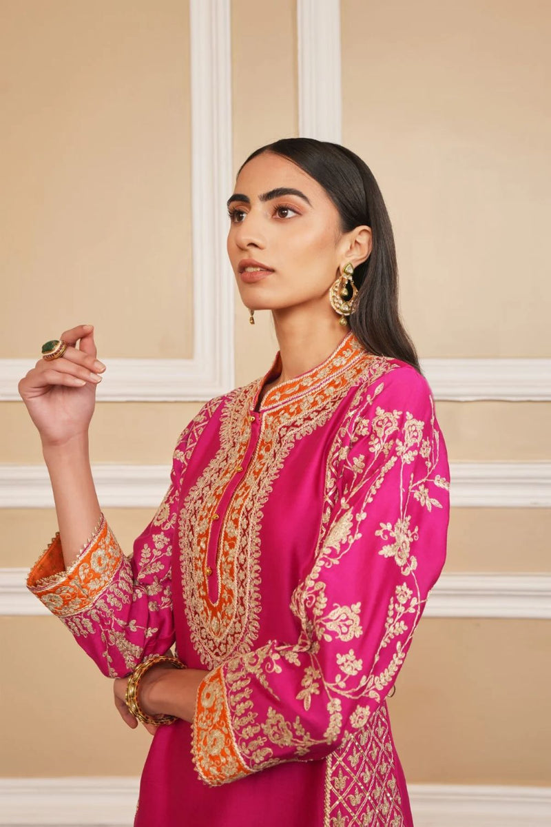 Mehnoor Straight kurta with dhoti-Hotpink silk by SHEETAL BATRA in pink color for women Worldwide