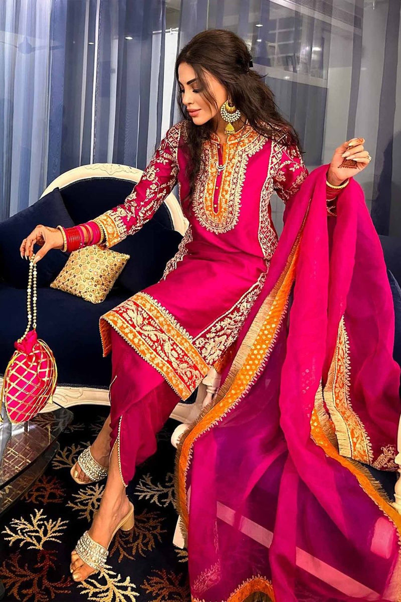 Mehnoor Straight kurta with dhoti-Hotpink silk by SHEETAL BATRA in pink color for women Worldwide