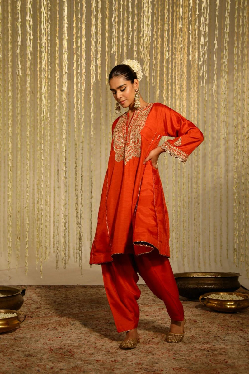 Mehreen Chauga with Salwar-Burnt Orange silk by SHEETAL BATRA in orange color for women Worldwide