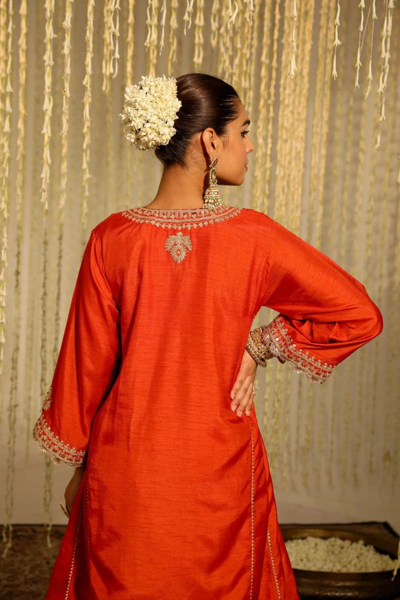 Mehreen Chauga with Salwar-Burnt Orange silk by SHEETAL BATRA in orange color for women Worldwide