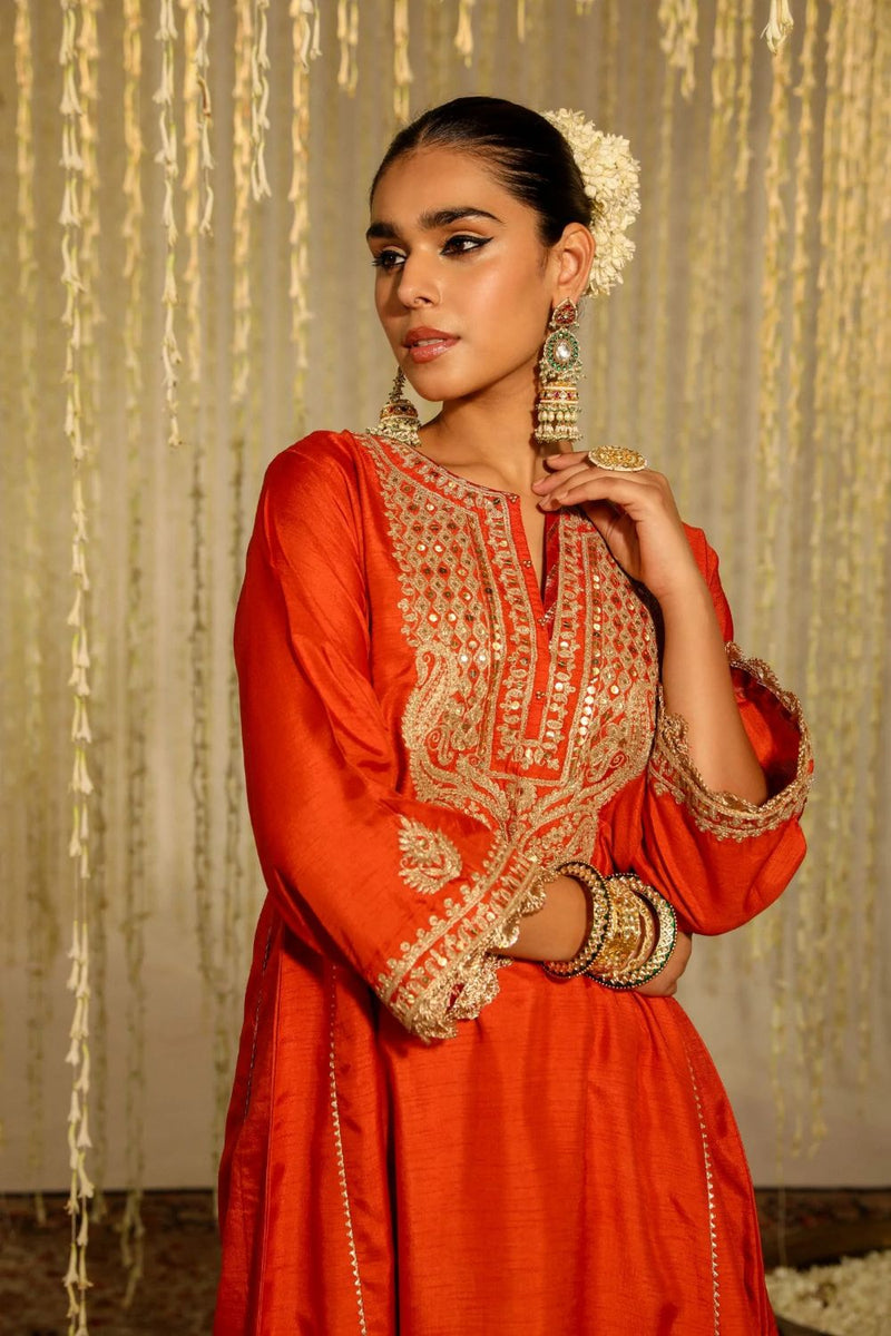 Mehreen Chauga with Salwar-Burnt Orange silk by SHEETAL BATRA in orange color for women Worldwide