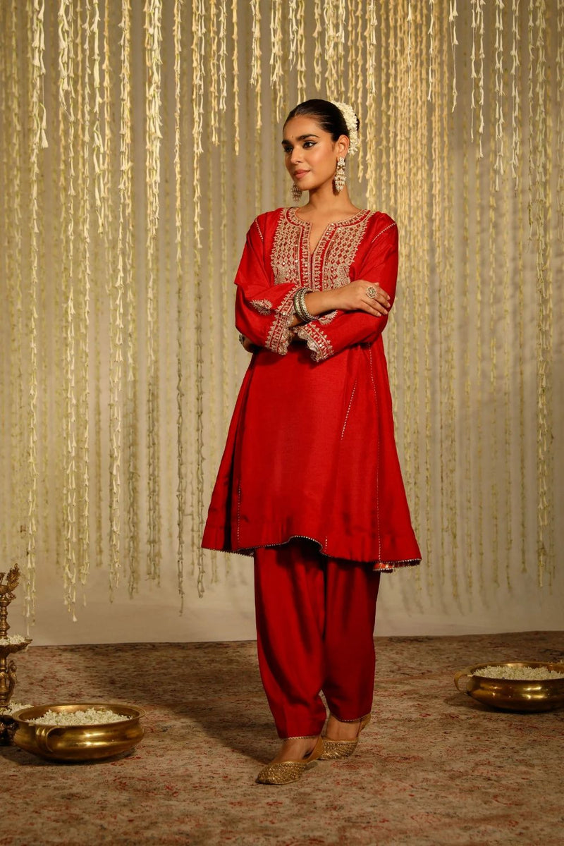 Mehreen Chauga with Salwar-Deep Red silk by SHEETAL BATRA in red color for women Worldwide