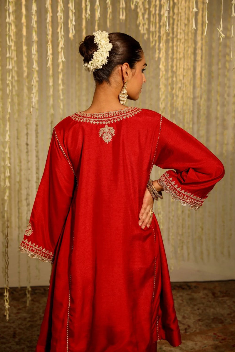 Mehreen Chauga with Salwar-Deep Red silk by SHEETAL BATRA in red color for women Worldwide