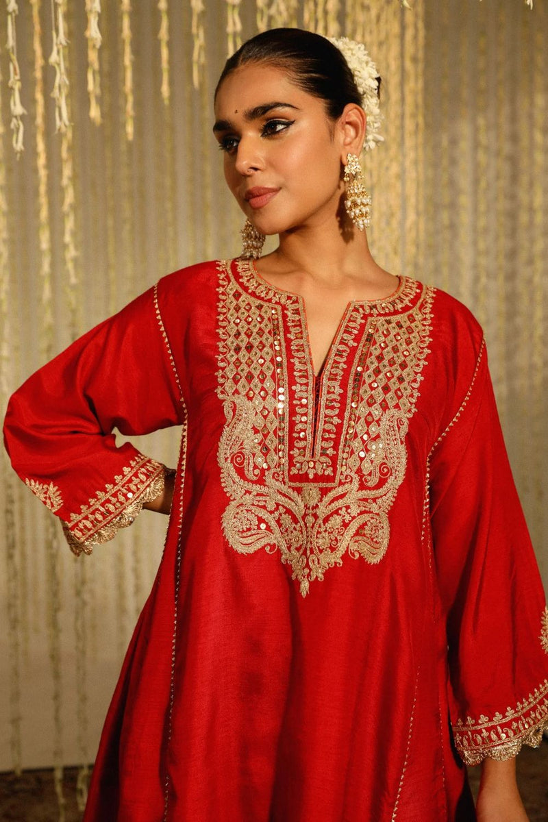 Mehreen Chauga with Salwar-Deep Red silk by SHEETAL BATRA in red color for women Worldwide
