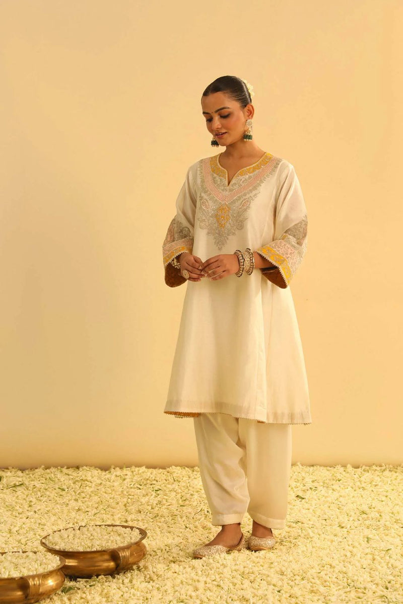 Mehrish Chauga with Salwar-Daisy ivory silk by SHEETAL BATRA in ivory color for women Worldwide