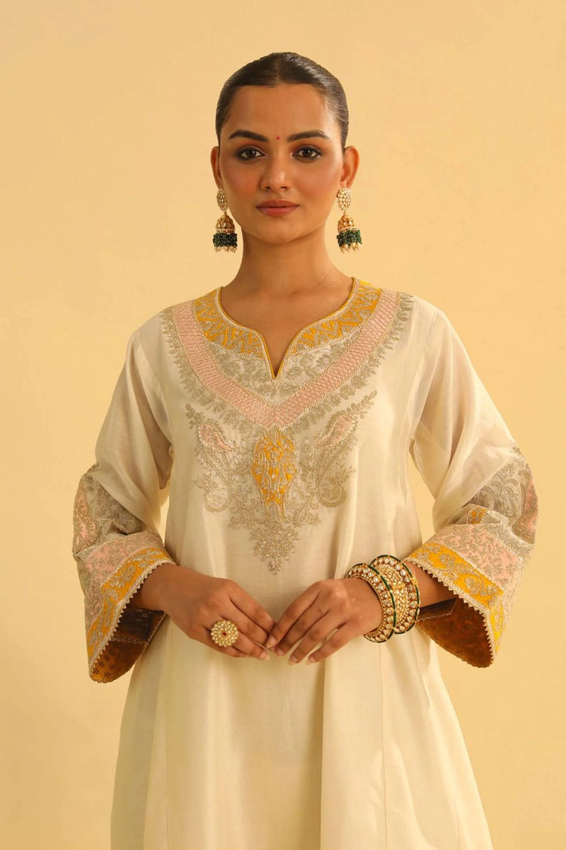 Mehrish Chauga with Salwar-Daisy ivory silk by SHEETAL BATRA in ivory color for women Worldwide