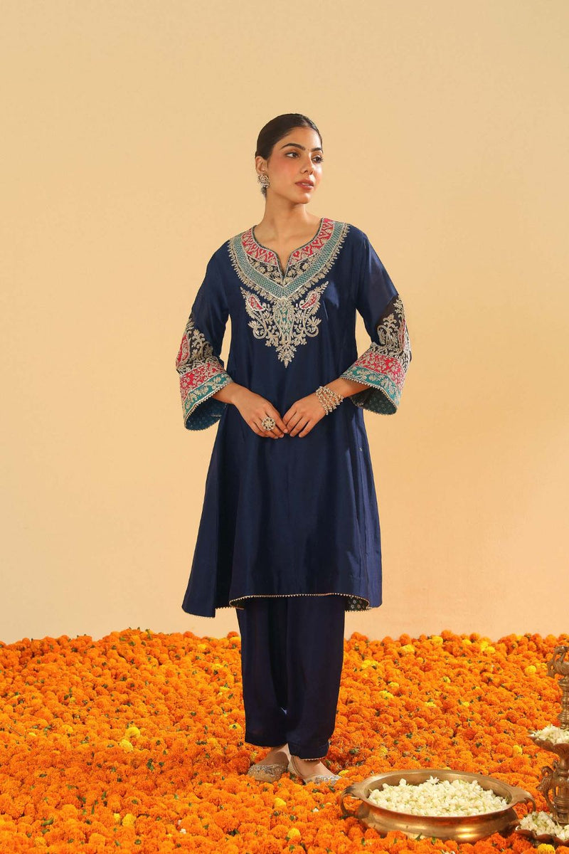 Mehrish Chauga with Salwar-Dark blue silk by SHEETAL BATRA in blue color for women Worldwide