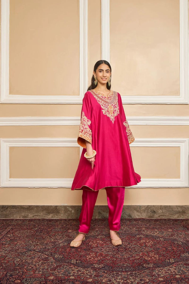 Mehrish Chauga with Salwar-Hotpink silk by SHEETAL BATRA in pink color for women Worldwide