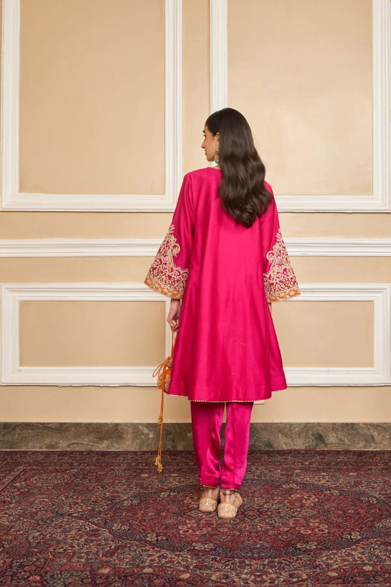 Mehrish Chauga with Salwar-Hotpink silk by SHEETAL BATRA in pink color for women Worldwide
