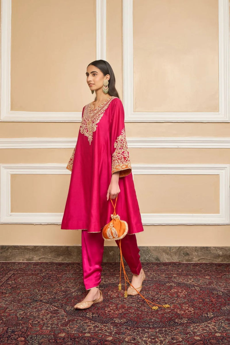Mehrish Chauga with Salwar-Hotpink silk by SHEETAL BATRA in pink color for women Worldwide