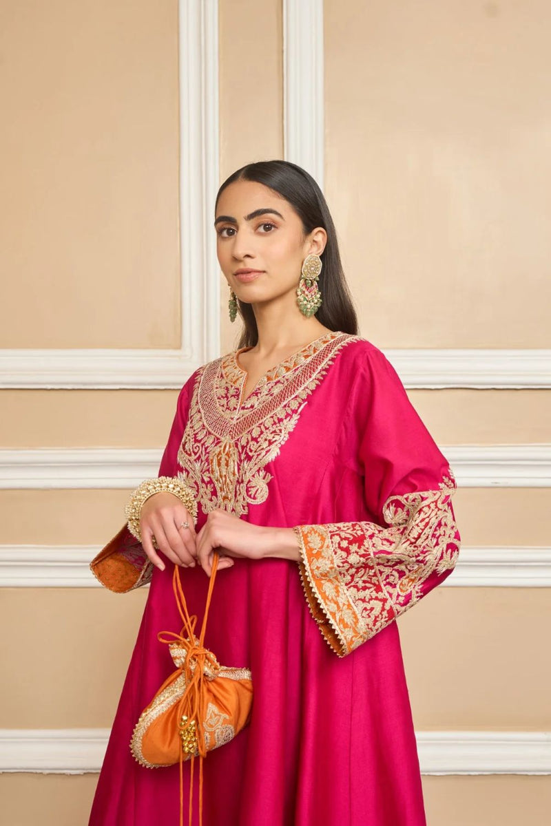 Mehrish Chauga with Salwar-Hotpink silk by SHEETAL BATRA in pink color for women Worldwide