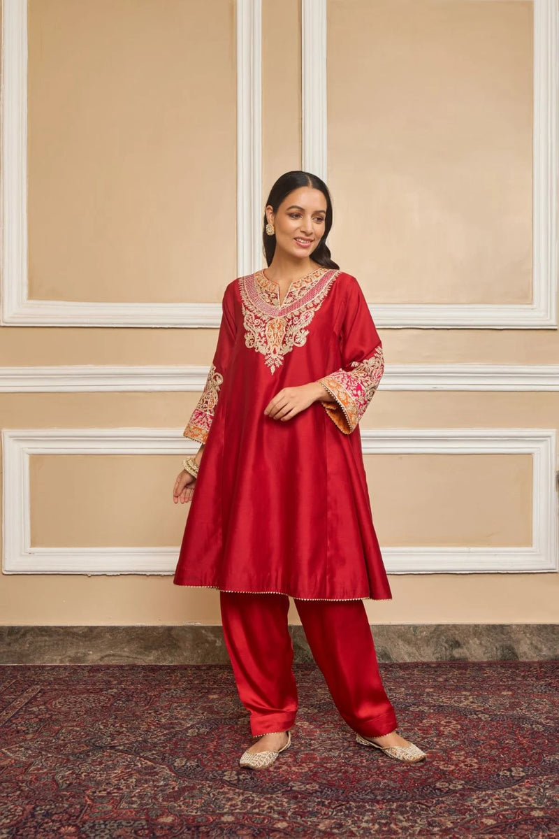 Mehrish Chauga with Salwar-Deep red silk by SHEETAL BATRA in red color for women Worldwide