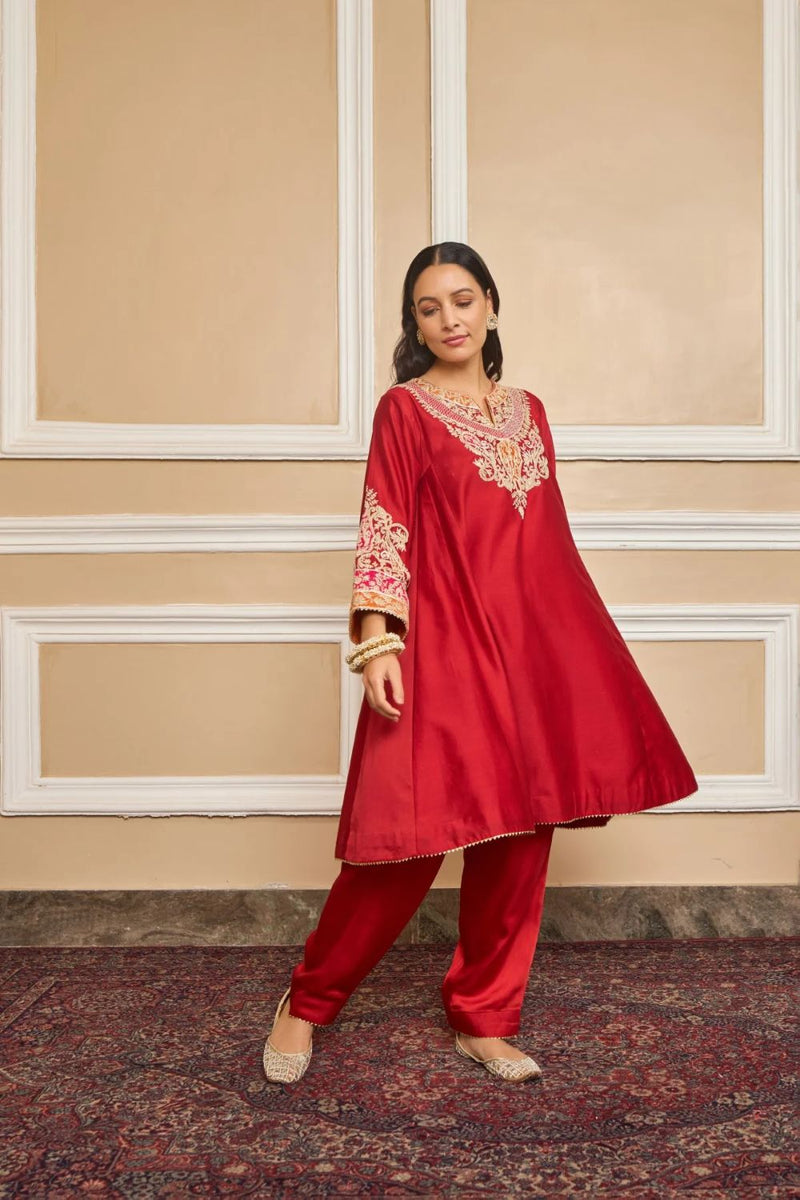 Mehrish Chauga with Salwar-Deep red silk by SHEETAL BATRA in red color for women Worldwide