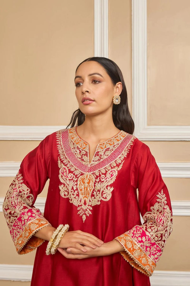 Mehrish Chauga with Salwar-Deep red silk by SHEETAL BATRA in red color for women Worldwide