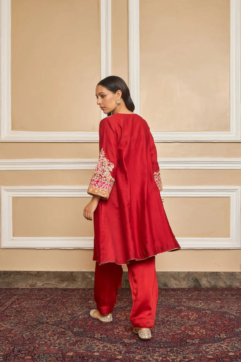 Mehrish Chauga with Salwar-Deep red silk by SHEETAL BATRA in red color for women Worldwide