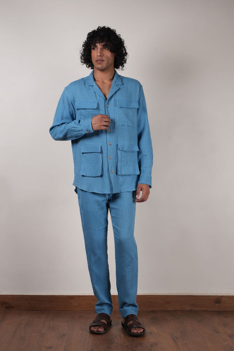 Men's Pocket Crush Cotton Blue Shirt