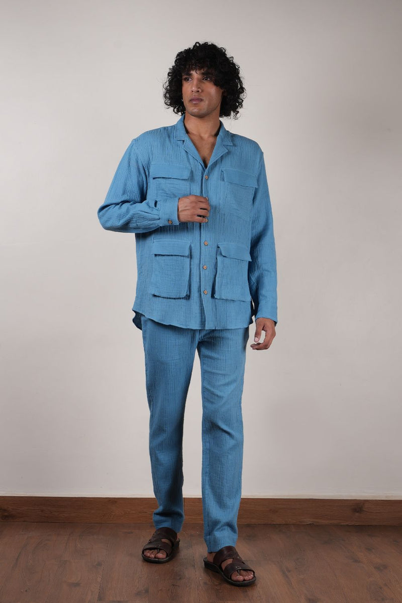 Men's Pocket Crush Cotton Blue Shirt