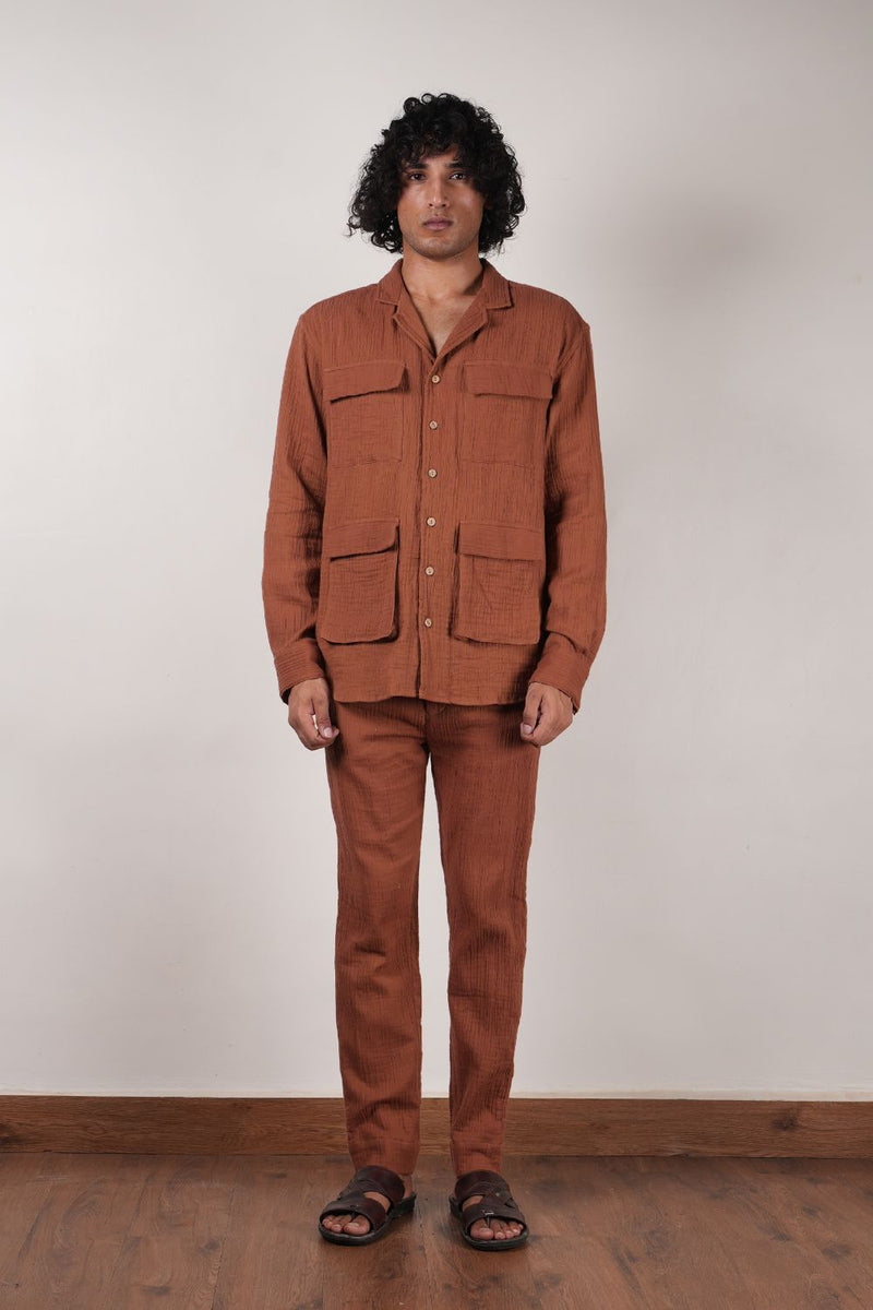 Men's Pocket Crush Cotton Brown Shirt
