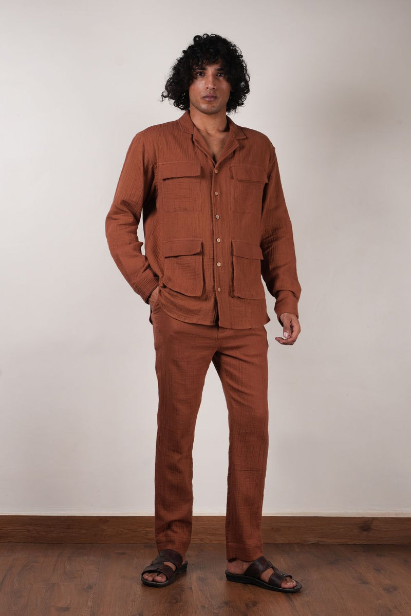 Men's Pocket Crush Cotton Brown Shirt