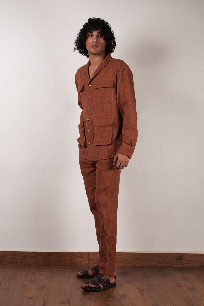 Men's Pocket Crush Cotton Brown Shirt