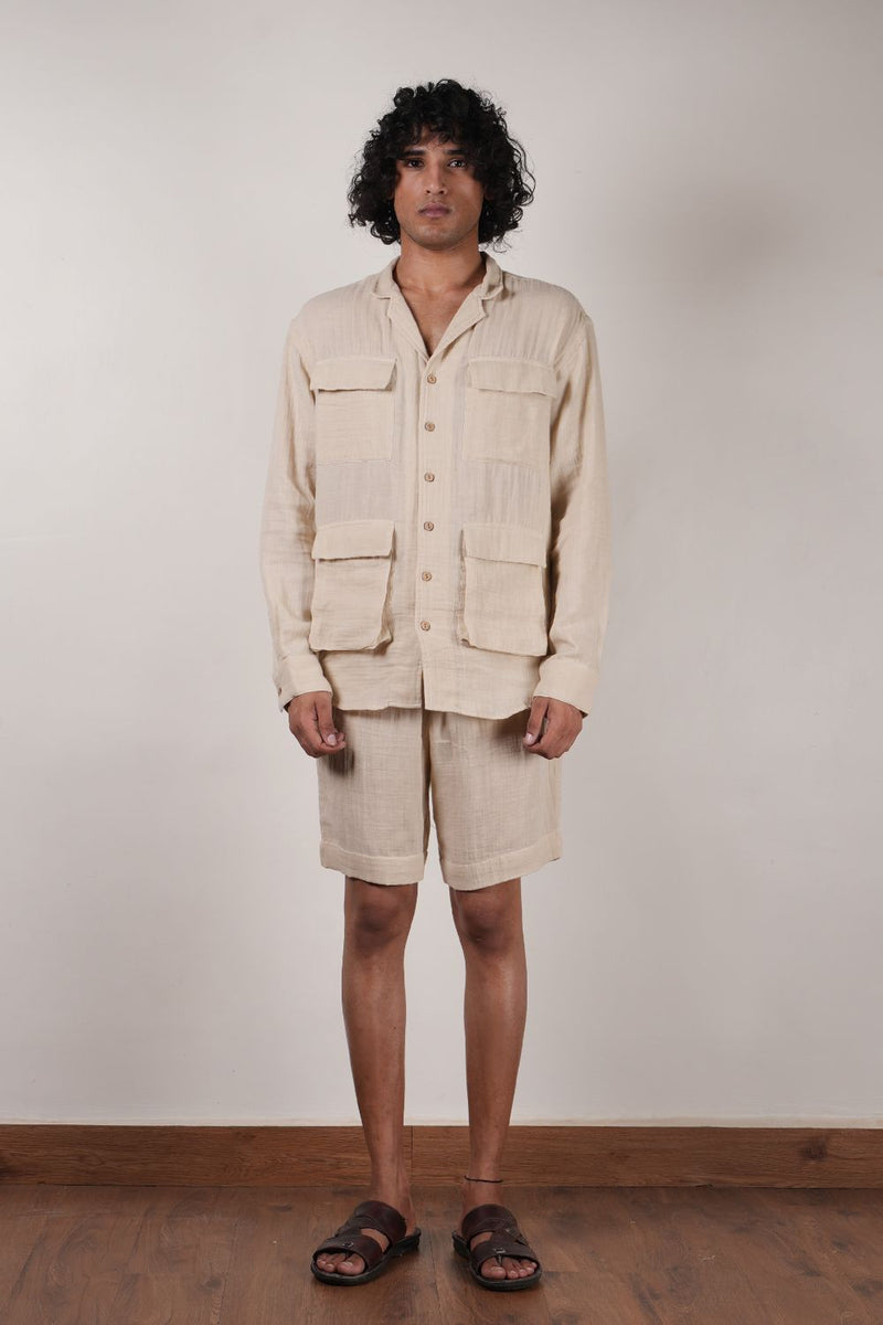 Men's Pocket Crush Cotton Cream Shirt