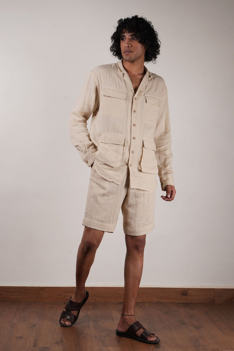 Men's Pocket Crush Cotton Cream Shirt