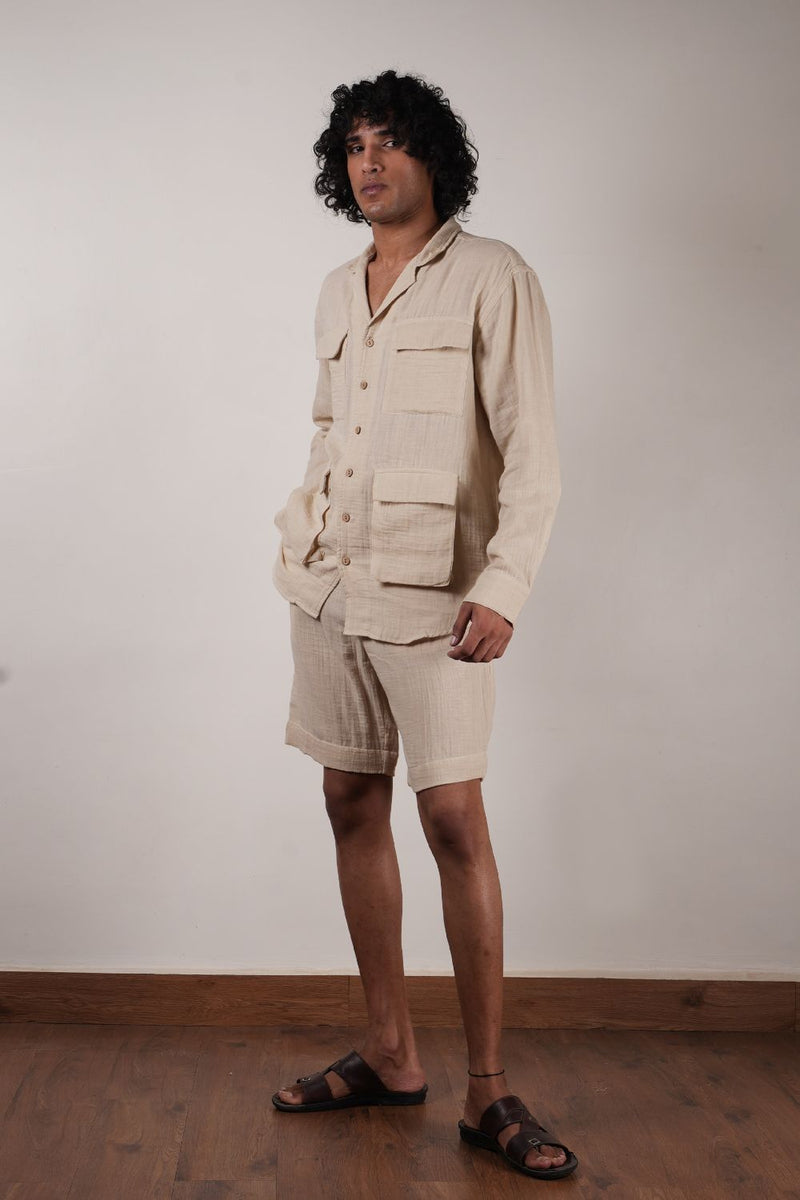 Men's Pocket Crush Cotton Cream Shirt