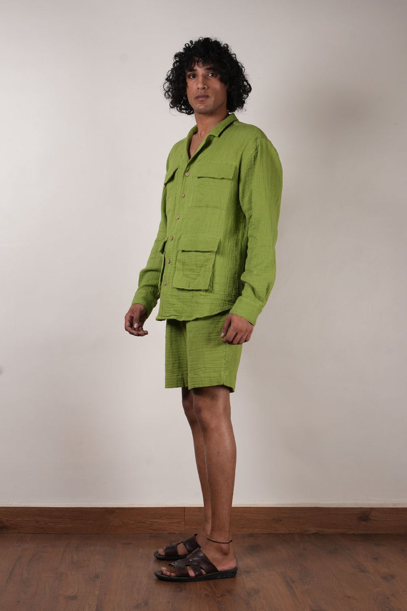 Men's Pocket Crush Cotton Green Shirt