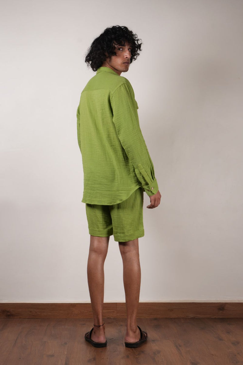 Men's Pocket Crush Cotton Green Shirt