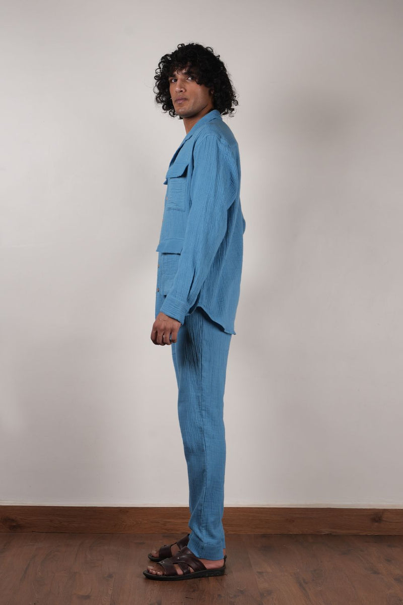 Men's Blue Crush Cotton Pocket Shirt & Pant Set (2 PCS)